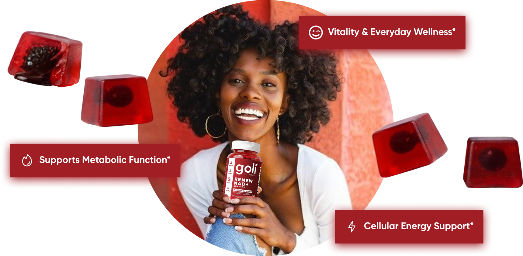 Woman smiling while holding a Goli gummy bottle